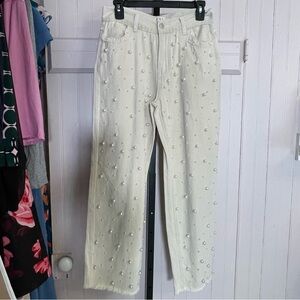 POL White Pearl Studded Straight Leg Jeans